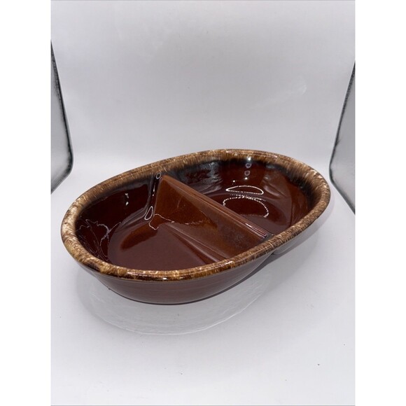 Vintage H.P. Hull USA Brown Drip Pottery Divided Casserole Dish Oven Proof EUC - Picture 2 of 8